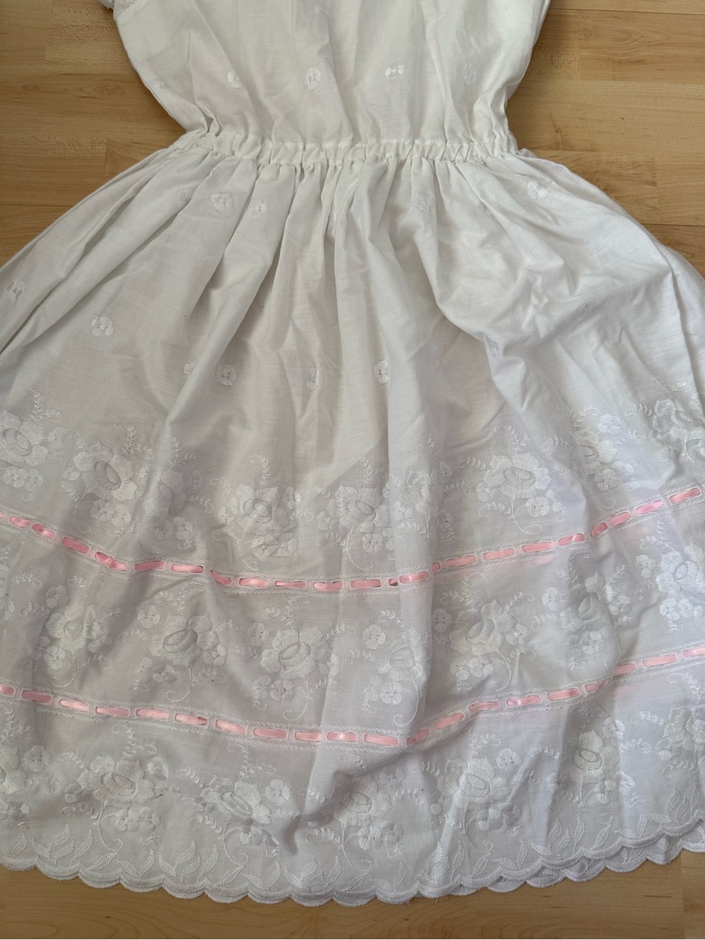White Eyelet Sundress with Flower and Pink Ribbon Accents - Picture 3 of 10